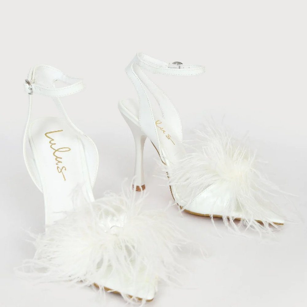 Lulus Harlee White Patent Feather High Heel Sandals